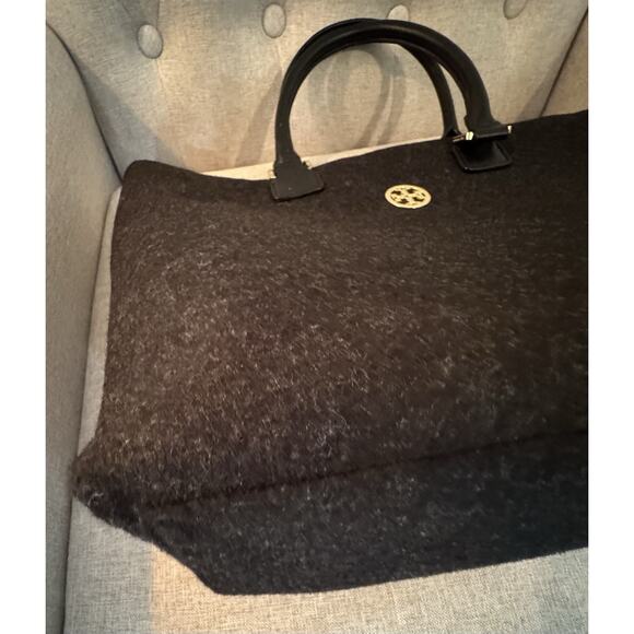 Tory Burch Ella Tote Felt Wool Leather Handbag Charcoal Gray Size Large - Picture 7 of 11